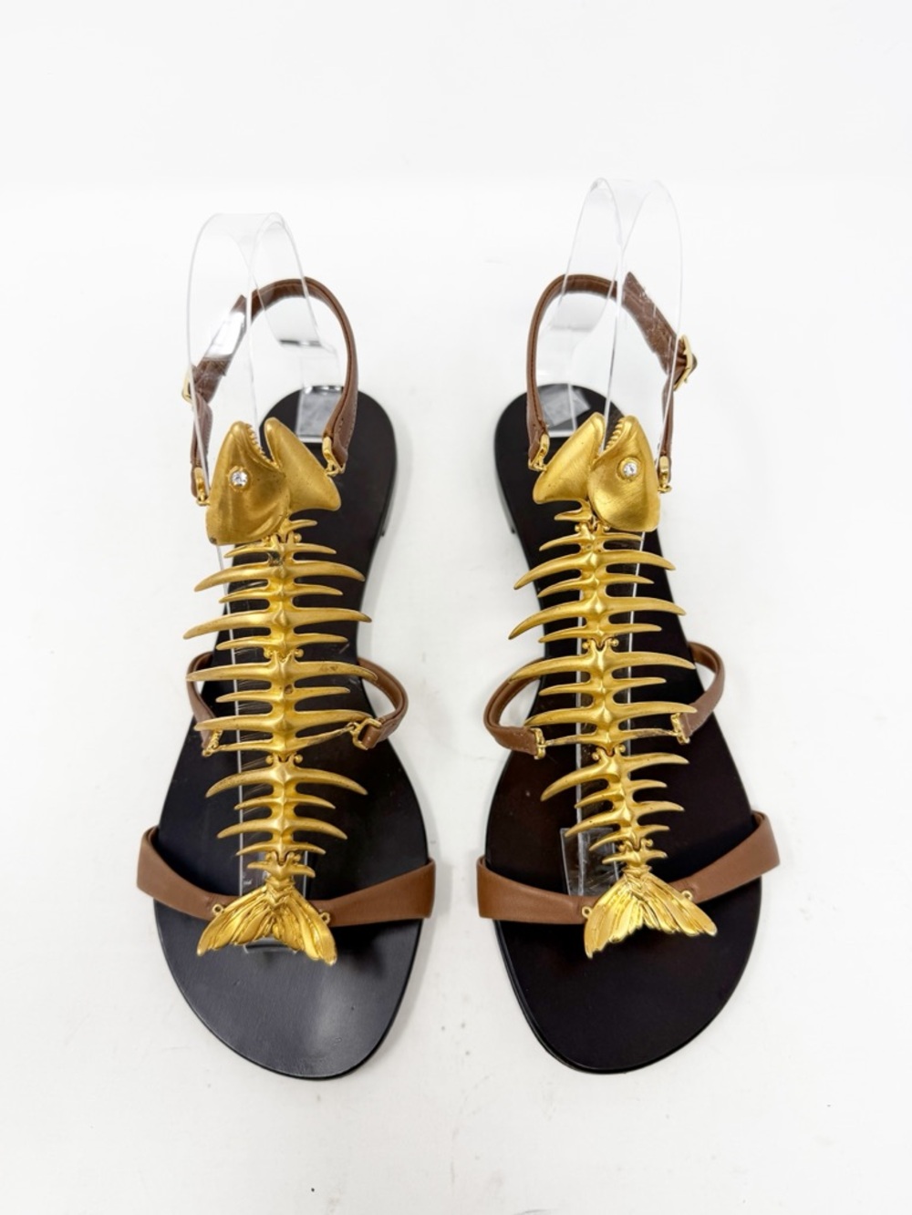 Giuseppe Zanotti Fishbone Flat Sandals Gold Skeleton Womens Size EU 37.5 - Picture 2 of 10